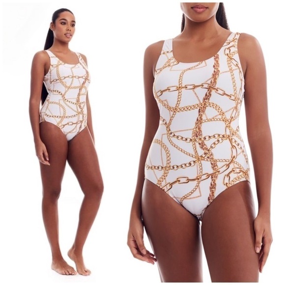 Cover Girl White Gold Chain Print Scoop One Piece Swimsuit Curvy Plus Size 16 1X - Picture 3 of 9